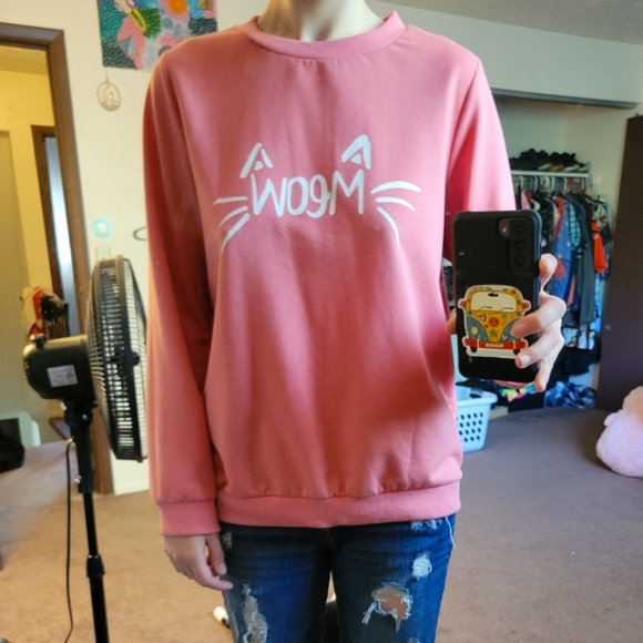 Halife Tops - Pink comfy "meow" sweater